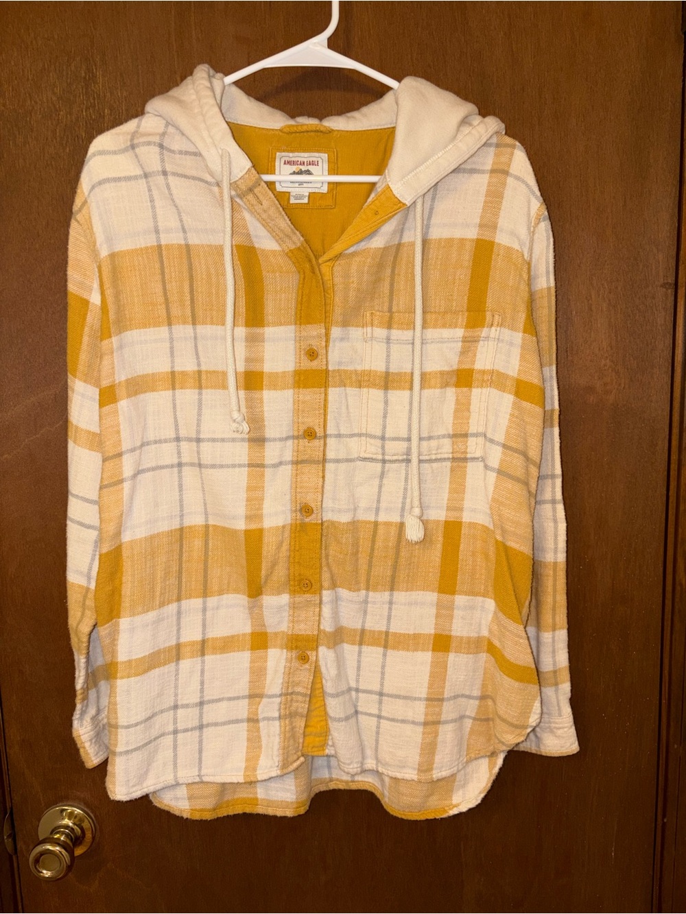 American Eagle Outfitters Yellow and Cream Plaid Hooded Button-Down Shirt